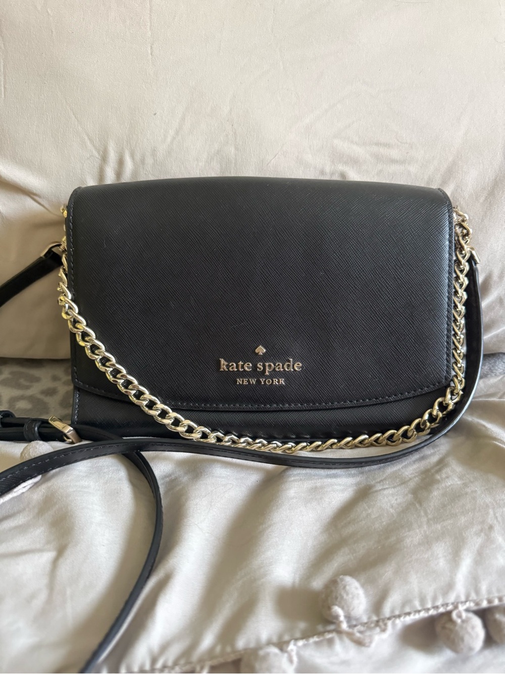kate spade Black Leather Crossbody with Gold Chain